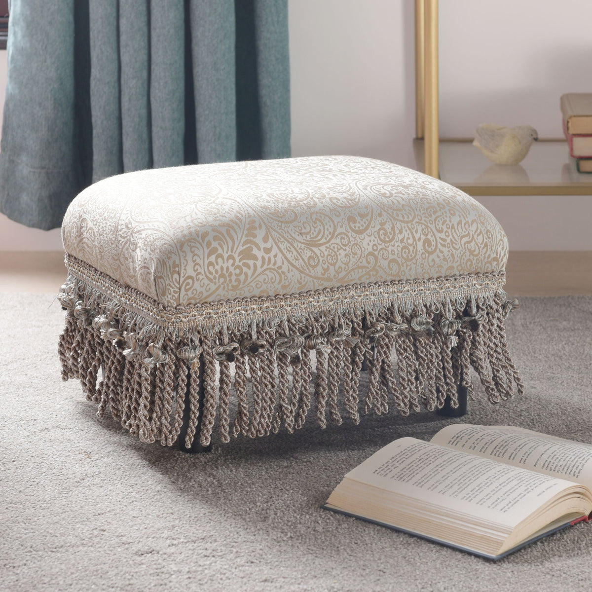 Handcrafted Accent Footstool Ottoman with Solid Wood Frame - Beige or Pearl Silver