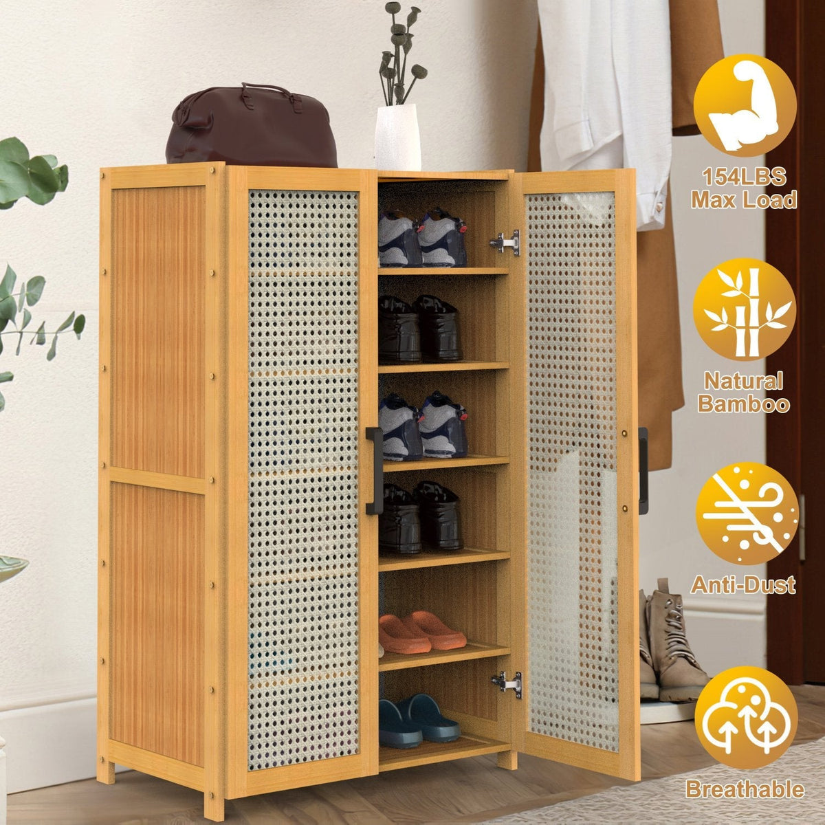6-Tier Shoe CabinetÊwith Bamboo Shoe Rack Freestanding Shoe Organizer with 2 Hollow Doors and Handles 154lbs Max Load for Closet Hallway Living Room
