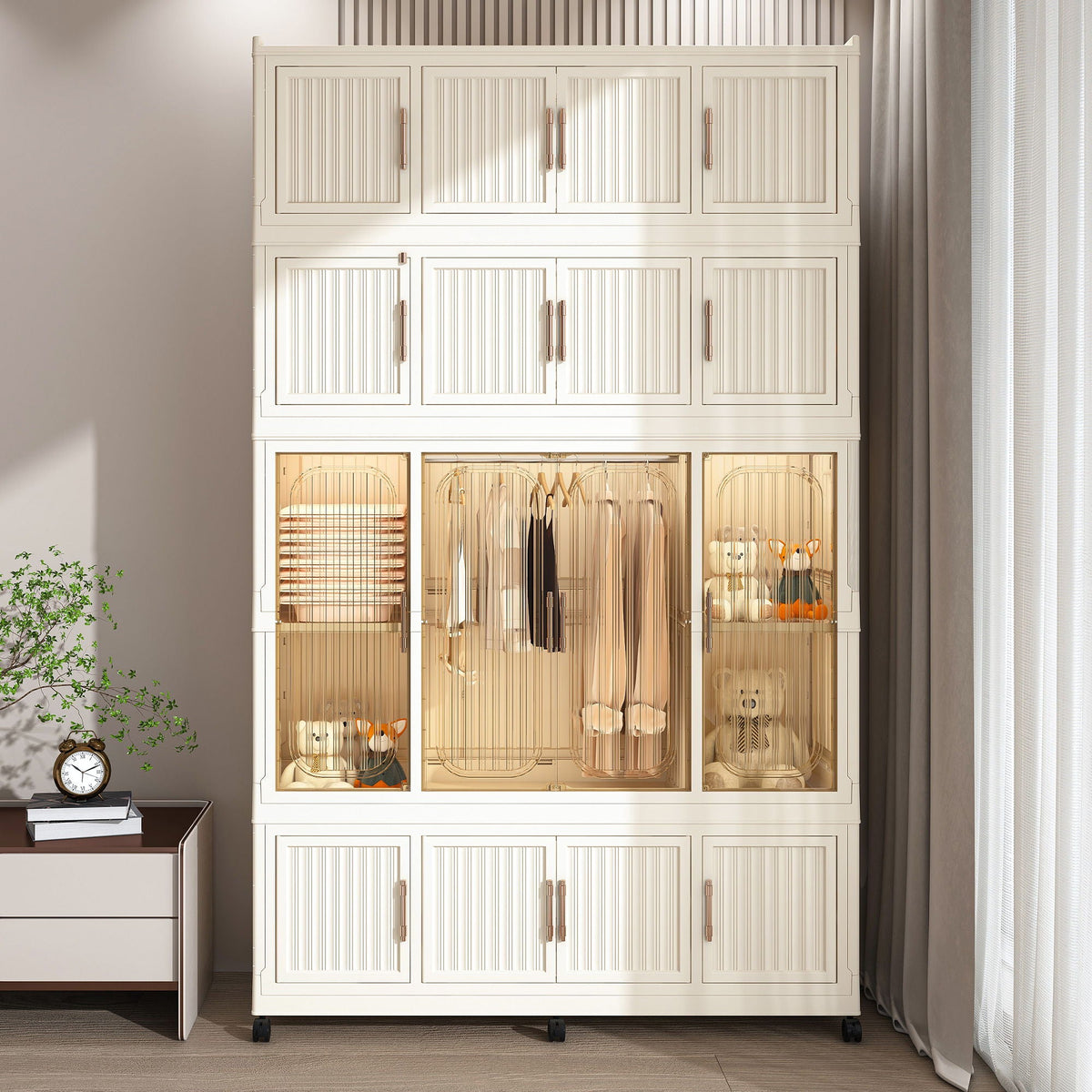 Portable Wardrobe Closet Storage Organizer With 17 Magnetic Doors, 17 Cubes, Hanging Rod & 6 Hangers - Creamy White