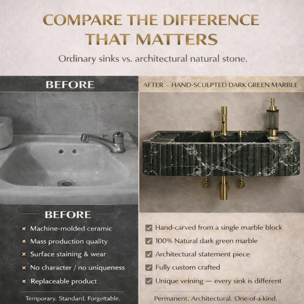 Green Levanto Hand-Carved Marble Vessel Sink for Bathroom & Kitchen | E-23