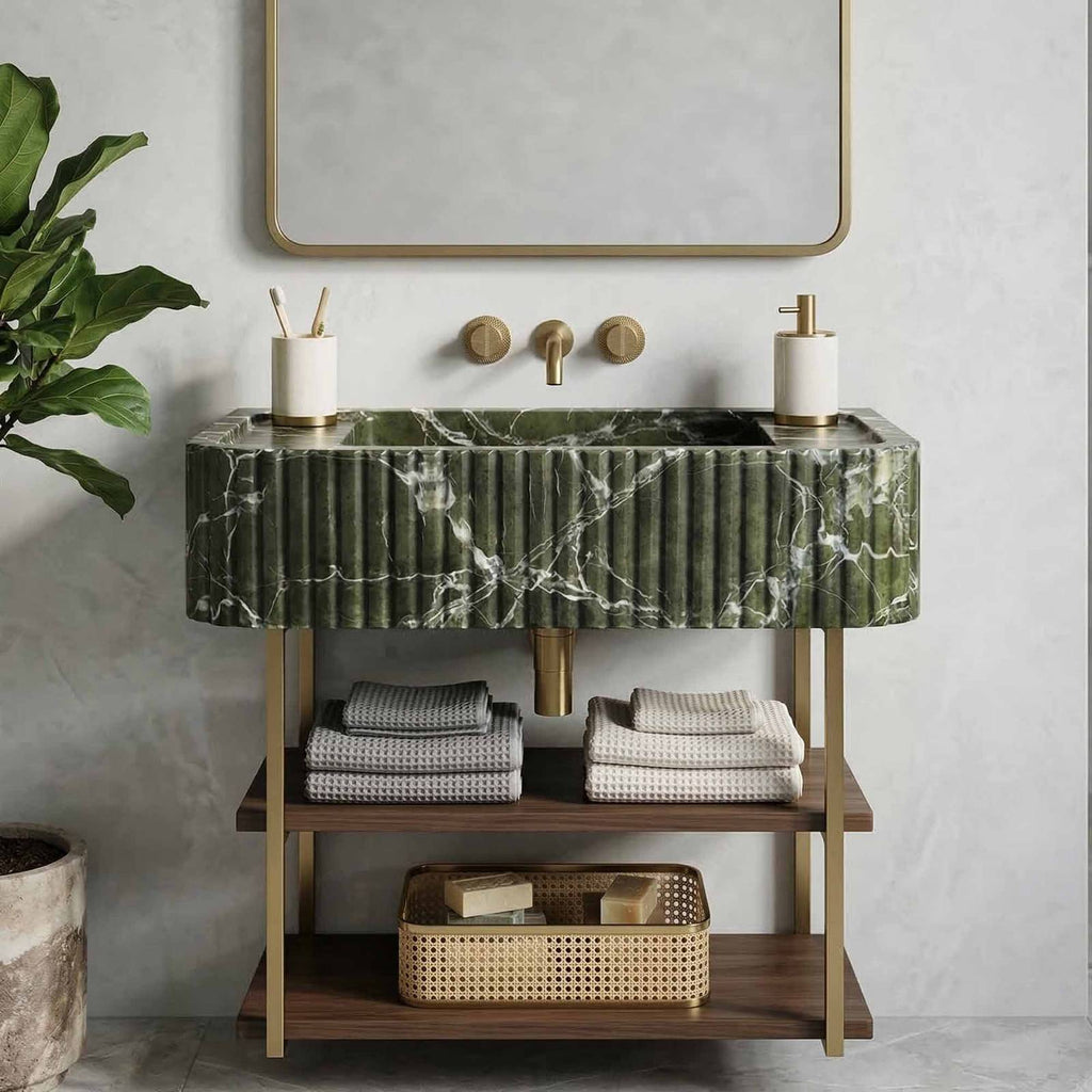 Green Levanto Hand-Carved Marble Vessel Sink for Bathroom & Kitchen | E-23