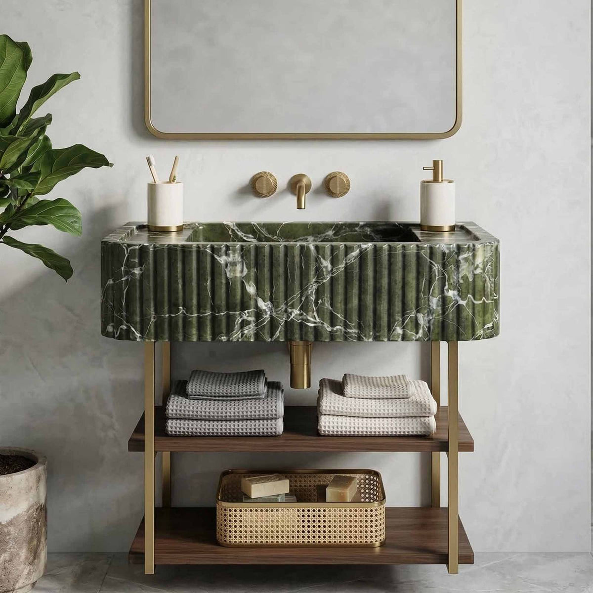 Green Levanto Hand-Carved Marble Vessel Sink for Bathroom & Kitchen | E-23