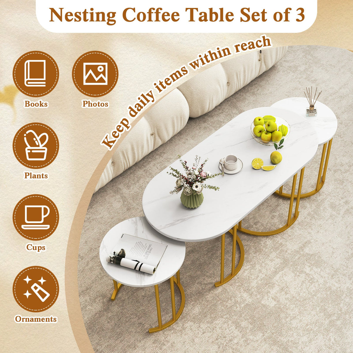 Nesting Coffee Table Set of 3 with Faux Marble Tabletop and Powder-coated Gold Metal Frame-White