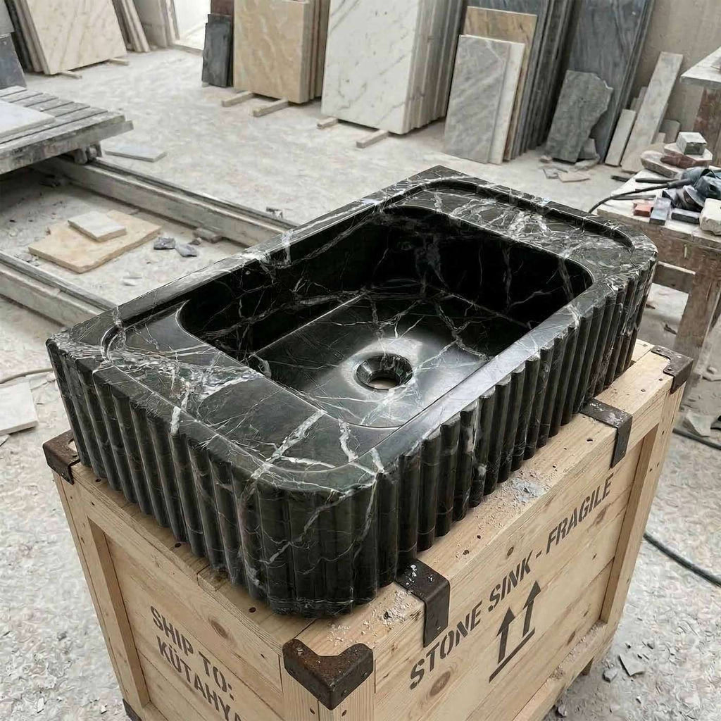 Green Levanto Hand-Carved Marble Vessel Sink for Bathroom & Kitchen | E-23