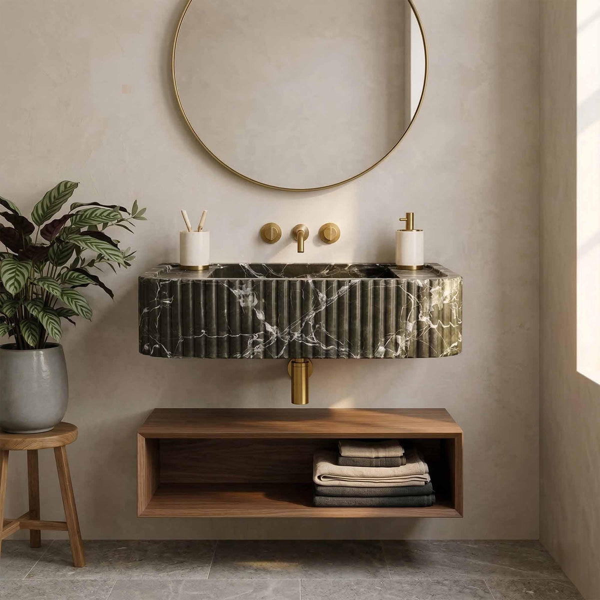 Green Levanto Hand-Carved Marble Vessel Sink for Bathroom & Kitchen | E-23
