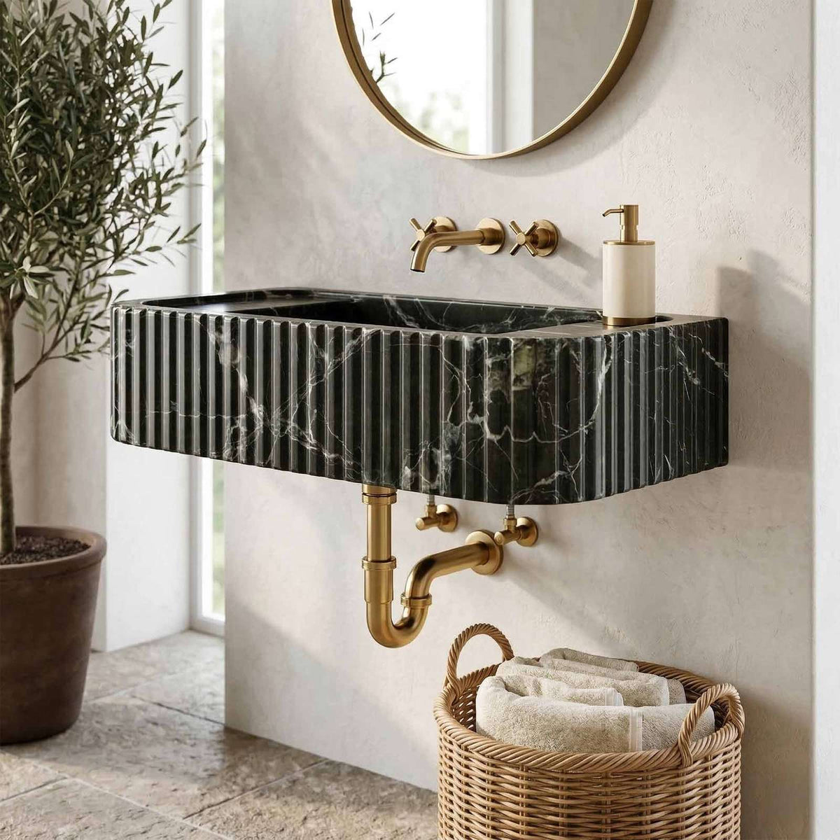 Green Levanto Hand-Carved Marble Vessel Sink for Bathroom & Kitchen | E-23