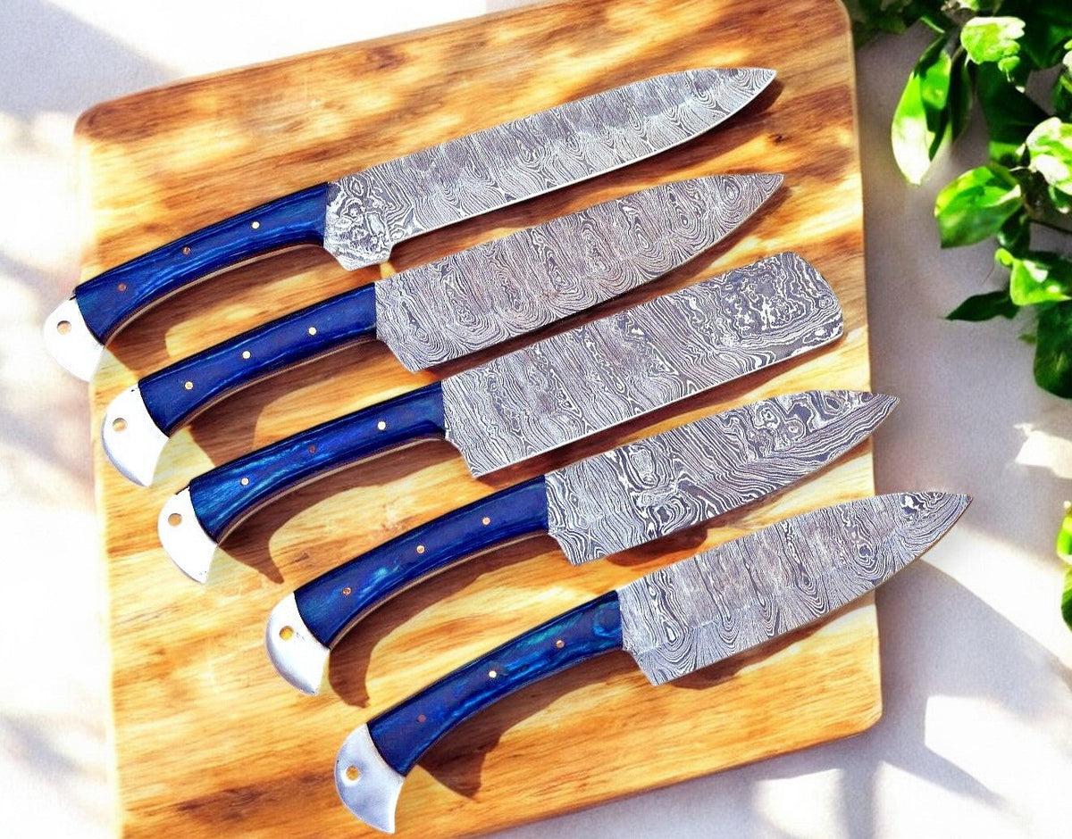 Handmade Damascus Kitchen Knives Set with Exotic Wood