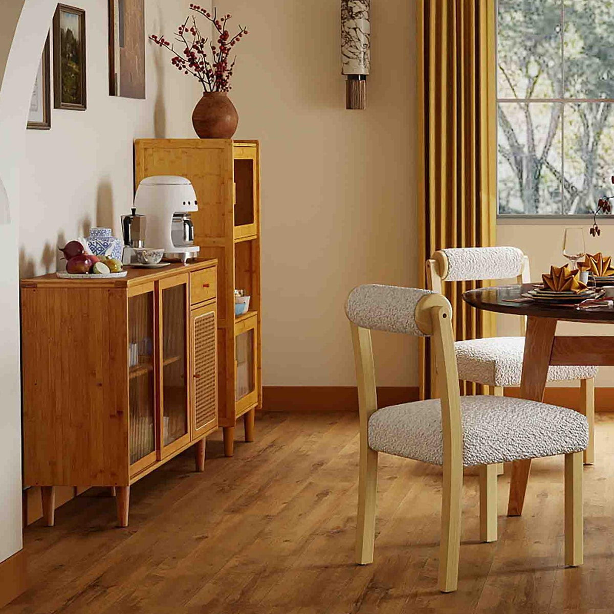 3-Piece Modern Dining Room Set: Wooden Dining Chairs + Bamboo Sideboard Cabinet + Tall Storage Cabinet