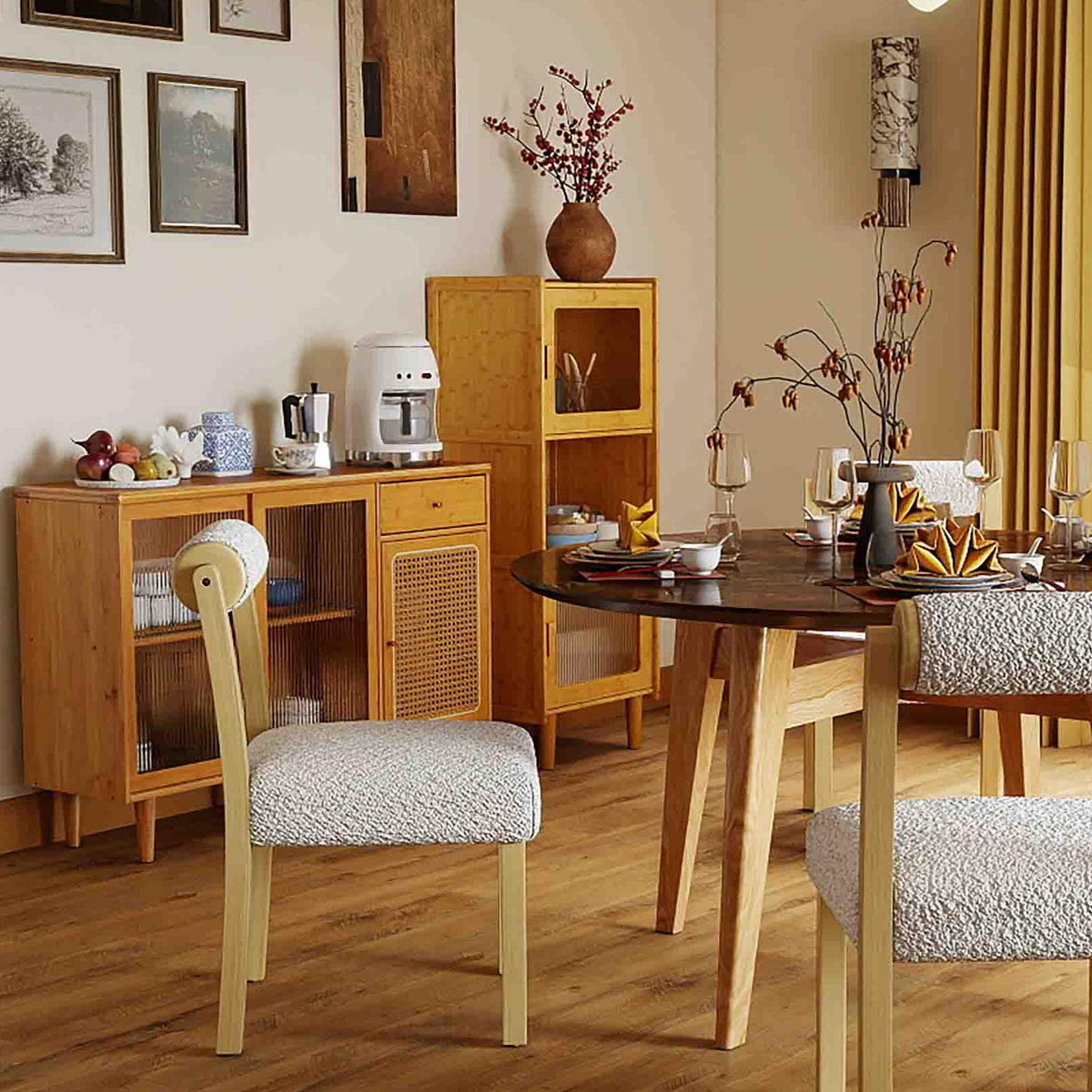 3-Piece Modern Dining Room Set: Wooden Dining Chairs + Bamboo Sideboard Cabinet + Tall Storage Cabinet