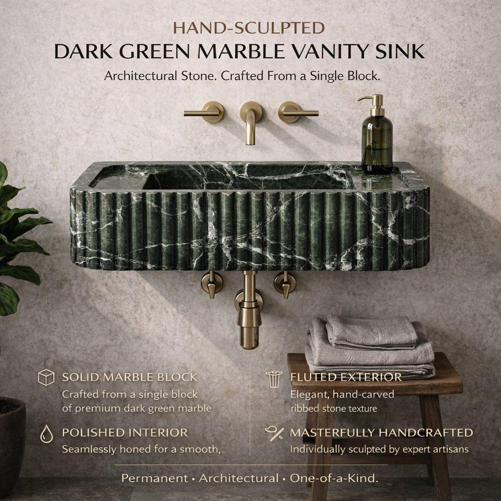 Green Levanto Hand-Carved Marble Vessel Sink for Bathroom & Kitchen | E-23